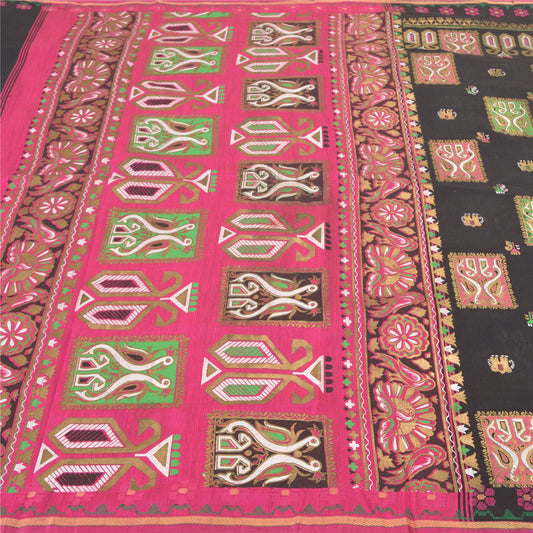 Санскрити Винтажные черные сари из хлопка черного цвета, расписанные вручную, премиальная ткань для сари из экологически чистой ткани