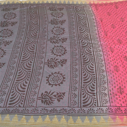 Sanskriti Vintage Indian Pink Sari Blend Silk Block Printed Sarees Craft Sustainable Fabric