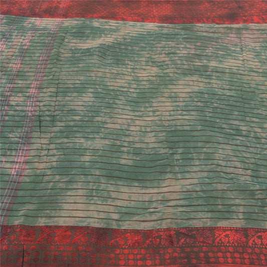 Sanskriti Vintage Green Sarees 100% Pure Silk Woven Tie & Dye Sari 5 Yard Sustainable Fabric
