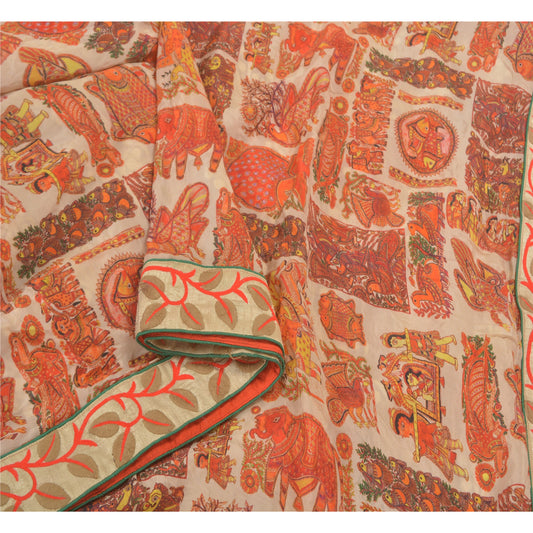 Sanskriti Vintage Elfenbens Sarier Ren Crepe Silke Digitalt Trykt Menneskesari Bæredygtigt Stof