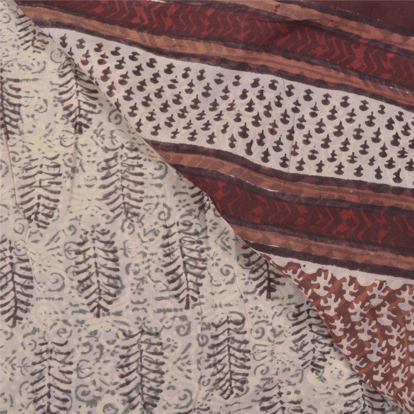 Sanskriti Vintage Cream Indian Sari Pure Cotton Block Printed Sarees Sustainable Fabric