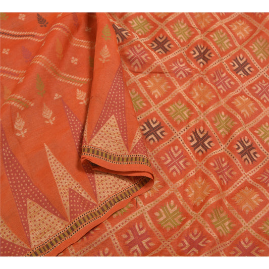 Sanskriti Vintage Orange Sarees 100% Pure Silk Handwoven Sari 5 Yard Sustainable Fabric