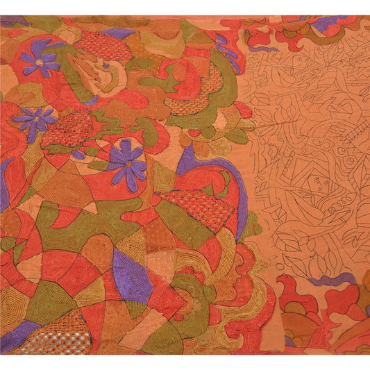 Санскритские винтажные темно-персиковые сари из чистого шелка, расшитые вручную бисером, сари из экологически чистой ткани