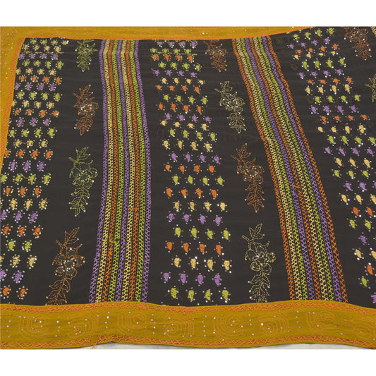 Sanskriti Vintage Black Sarees Georgette Hand Beaded Kantha Premium Sari Sustainable Fabric