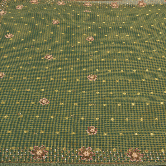 Sanskriti Vintage Green Indian Sarees Cotton Hand Beaded Woven Sari Sustainable Fabric
