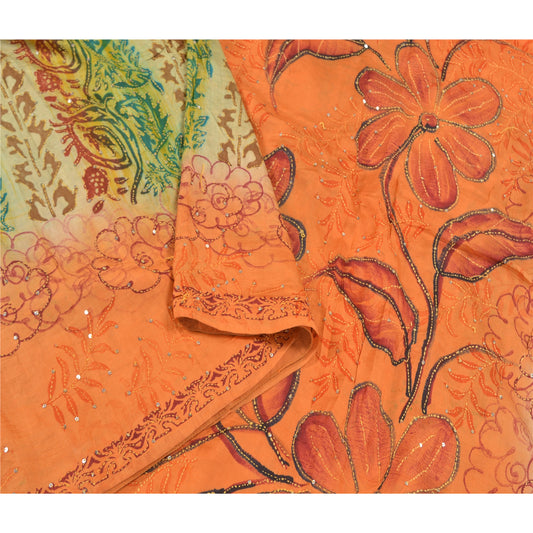 Sanskriti Vintage Orange Sarees Pure Silk Hand Beaded Kantha Sari Craft Sustainable Fabric