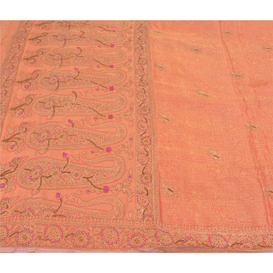 Sanskriti Vintage Pink Sarees Pure Organza Silk Hand Beaded Woven Sari Sustainable Fabric