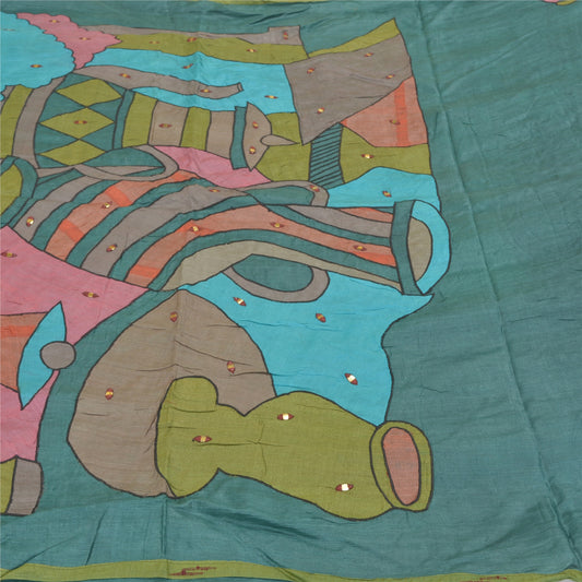 Sanskriti Vintage Green Sarees 100% Pure Silk Hand Beaded Craft Sari Sustainable Fabric