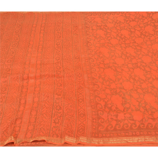 Sanskriti Vintage Orange Sarees Cotton Silk Printed Woven Premium Sari Sustainable Fabric