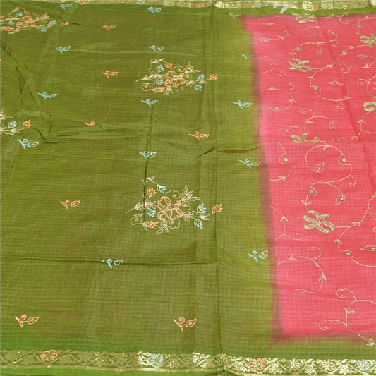 Sanskriti Vintage Pink Sarees Pure Silk Hand Embroidered Craft Sari Sustainable Fabric
