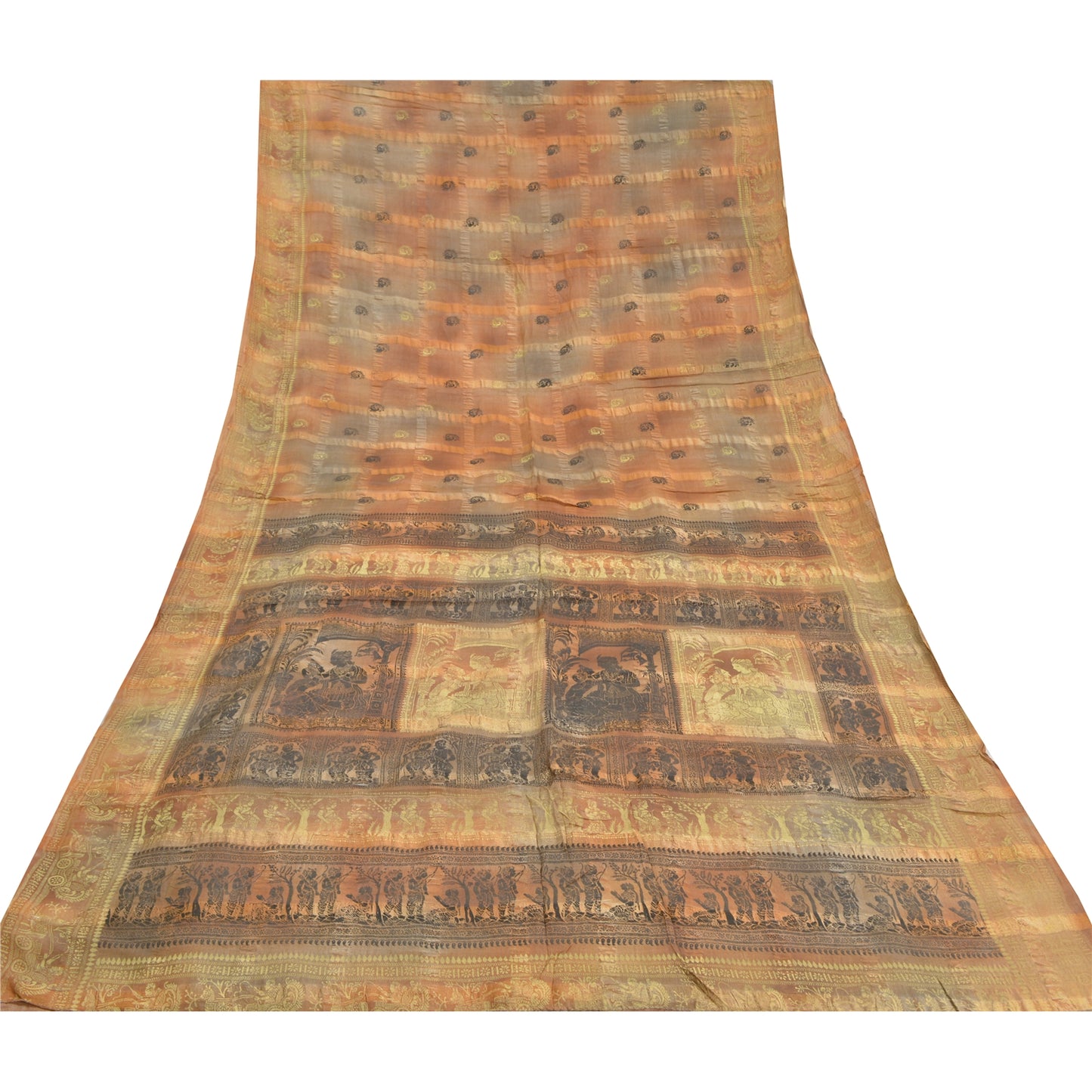 Sanskriti Vintage Brown Sarees Pure Silk Block Printed Craft Sari Sustainable Fabric