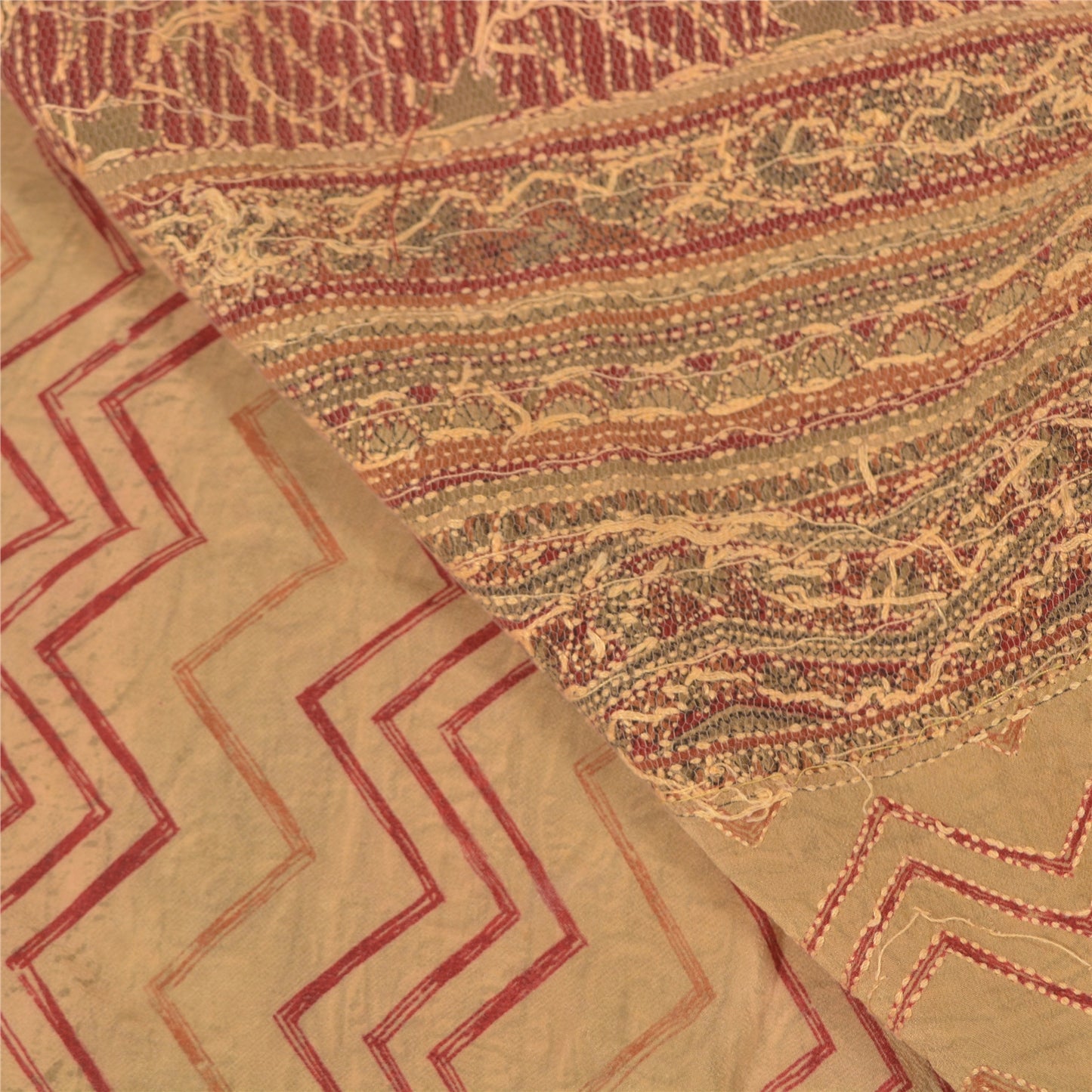 Sanskriti Vintage Cream Sarees Pure Crepe Silk Kantha Work Craft Sari Sustainable Fabric