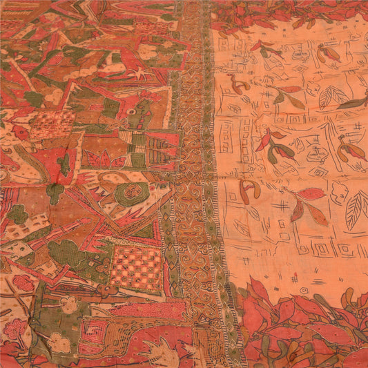 Sanskriti Vintage Peach Indian Sarees Pure Silk Hand Beaded Sari Craft Sustainable Fabric