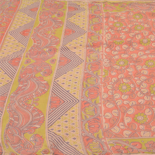 Sanskriti Vintage Peach Indian Sarees 100% Pure Cotton Kalamkari Sari Sustainable Fabric