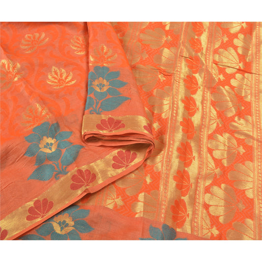 Sanskriti Vintage Orange Sarees 100% Pure Silk Woven Premium Sari Craft Sustainable Fabric