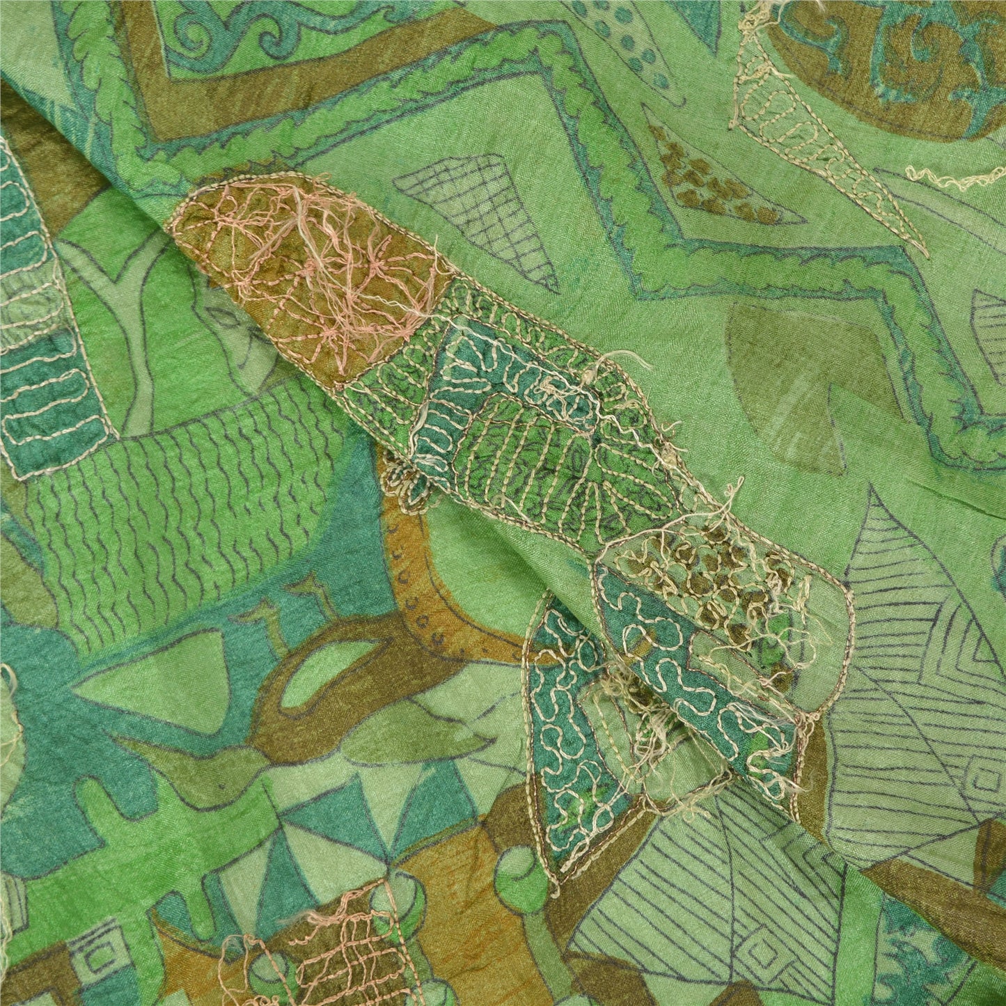 Sanskriti Vintage Green Sarees 100% Pure Silk Hand Beaded Premium Sari Sustainable Fabric