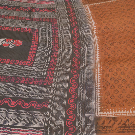 Sanskriti Vintage Brown Sarees Pure Silk Hand-Block Print Premium Sari Sustainable Fabric