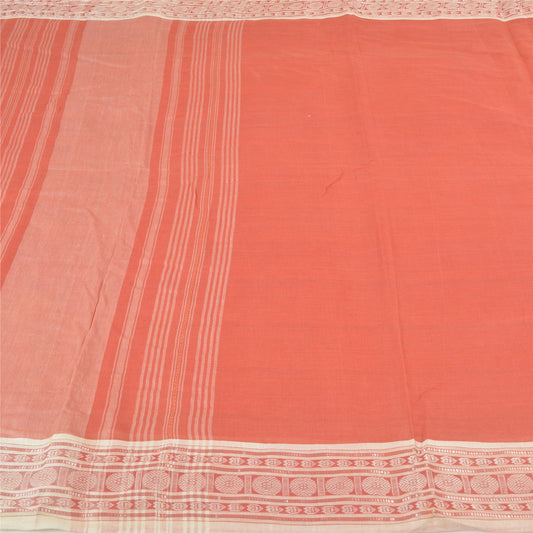 Sanskriti Vintage Coral Indian Sarees 100% Pure Cotton Woven Bomkari Sari Sustainable Fabric