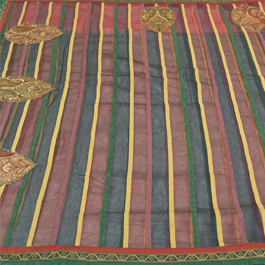 Sanskriti Vintage Indian Sarees Net Mesh Embroidered Premium Sari Craft Sustainable Fabric