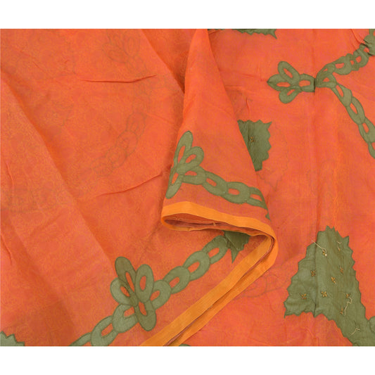 Sanskriti Vintage Orange Sarees Pure Silk Hand Beaded Applique Work Sari Sustainable Fabric