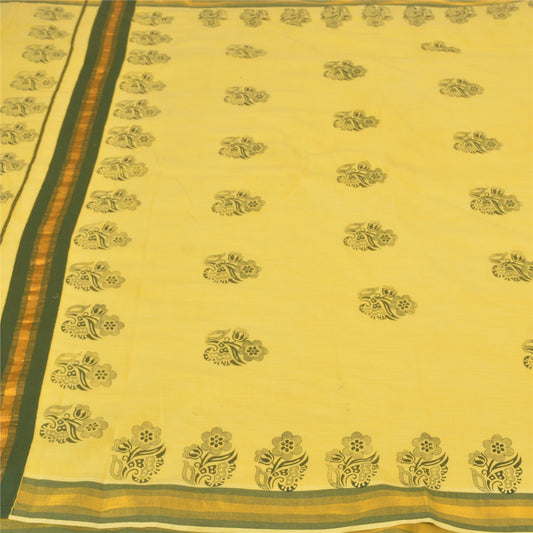 Sanskriti Vintage Yellow Sarees Blend Cotton Block Printed Premium Sari Sustainable Fabric