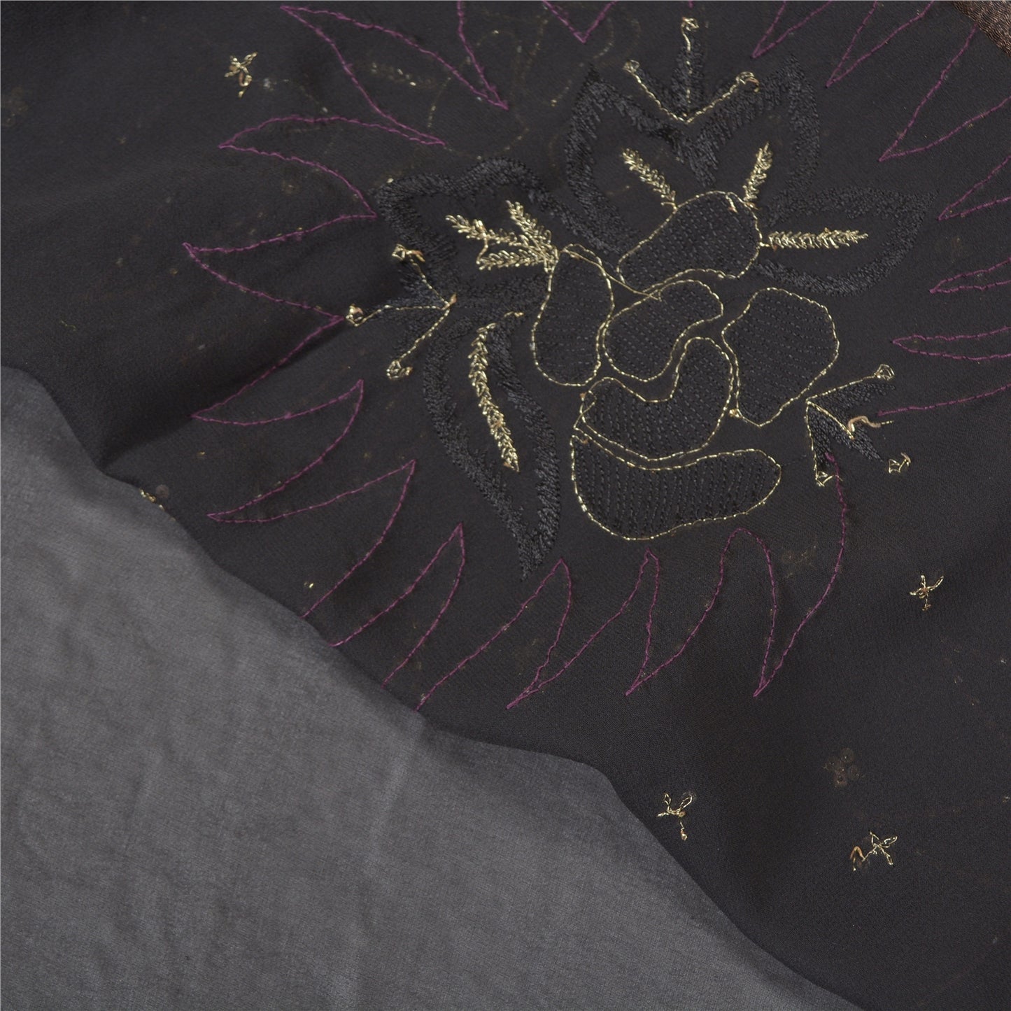 Sanskriti Vintage Black Sarees Georgette Hand Beaded Premium Sari Craft Sustainable Fabric