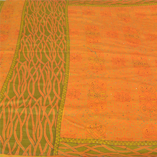 Sanskriti Vintage Saffron Sarees Pure Silk Hand Embroidered Kantha Sari Sustainable Fabric