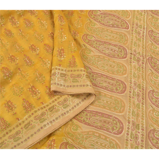 Sanskriti Vintage Yellow Sarees 100% Pure Silk Woven Premium Sari Craft Sustainable Fabric