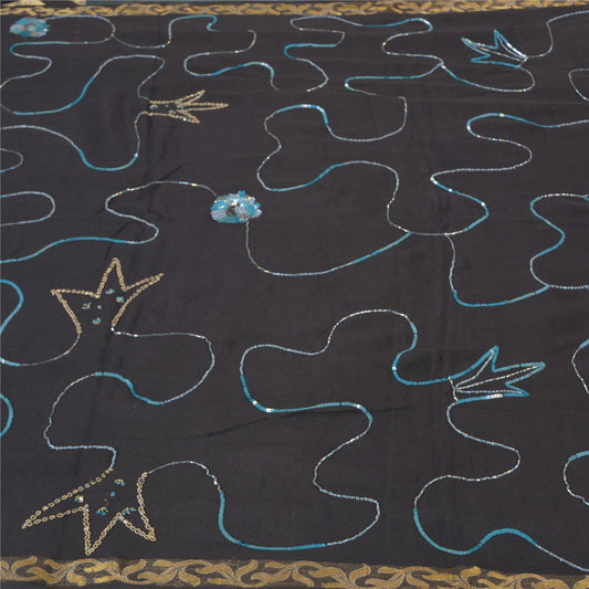 Sanskriti Vintage Black Sarees 100% Pure Georgette Silk Hand Beaded Sari Sustainable Fabric