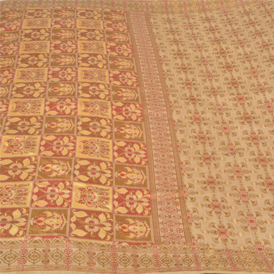 Sanskriti Vintage Cream Sarees 100% Pure Silk Woven Premium Sari Craft Sustainable Fabric