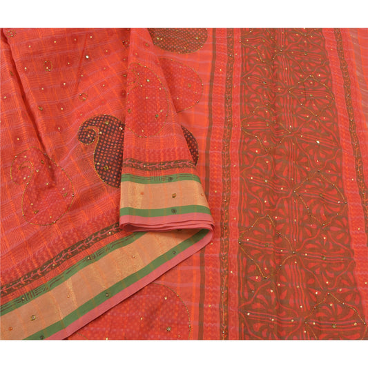 Sanskriti Vintage Coral Sarees Cotton Block Printed Woven Kota Doria Sari Sustainable Fabric