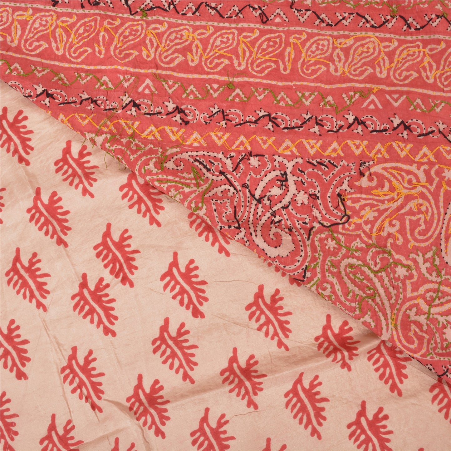 Sanskriti Vintage Pink Sarees Pure Silk Hand Embroidered Kantha Sari Sustainable Fabric