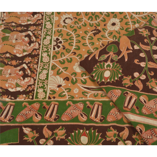 Sanskriti Vintage Brown Sarees 100% Pure Cotton Kalamkari Sari Craft Sustainable Fabric