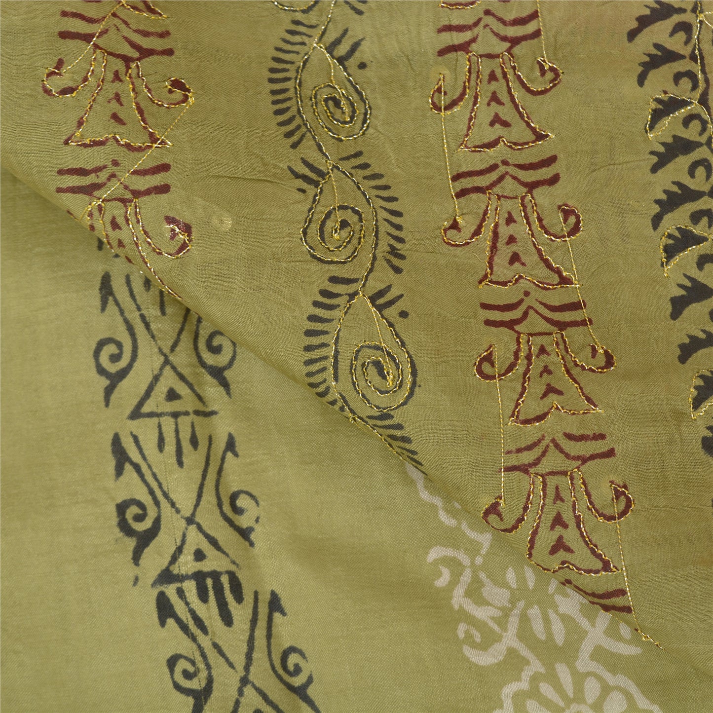 Sanskriti Vintage Olive Green Sarees 100% Pure Silk Hand Beaded Sari Sustainable Fabric