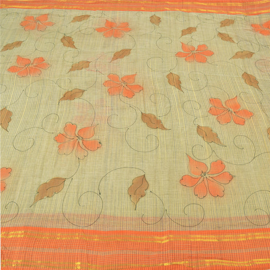Sanskriti Vintage Cream Indian Sarees 100% Pure Cotton Printed Sari Craft Sustainable Fabric