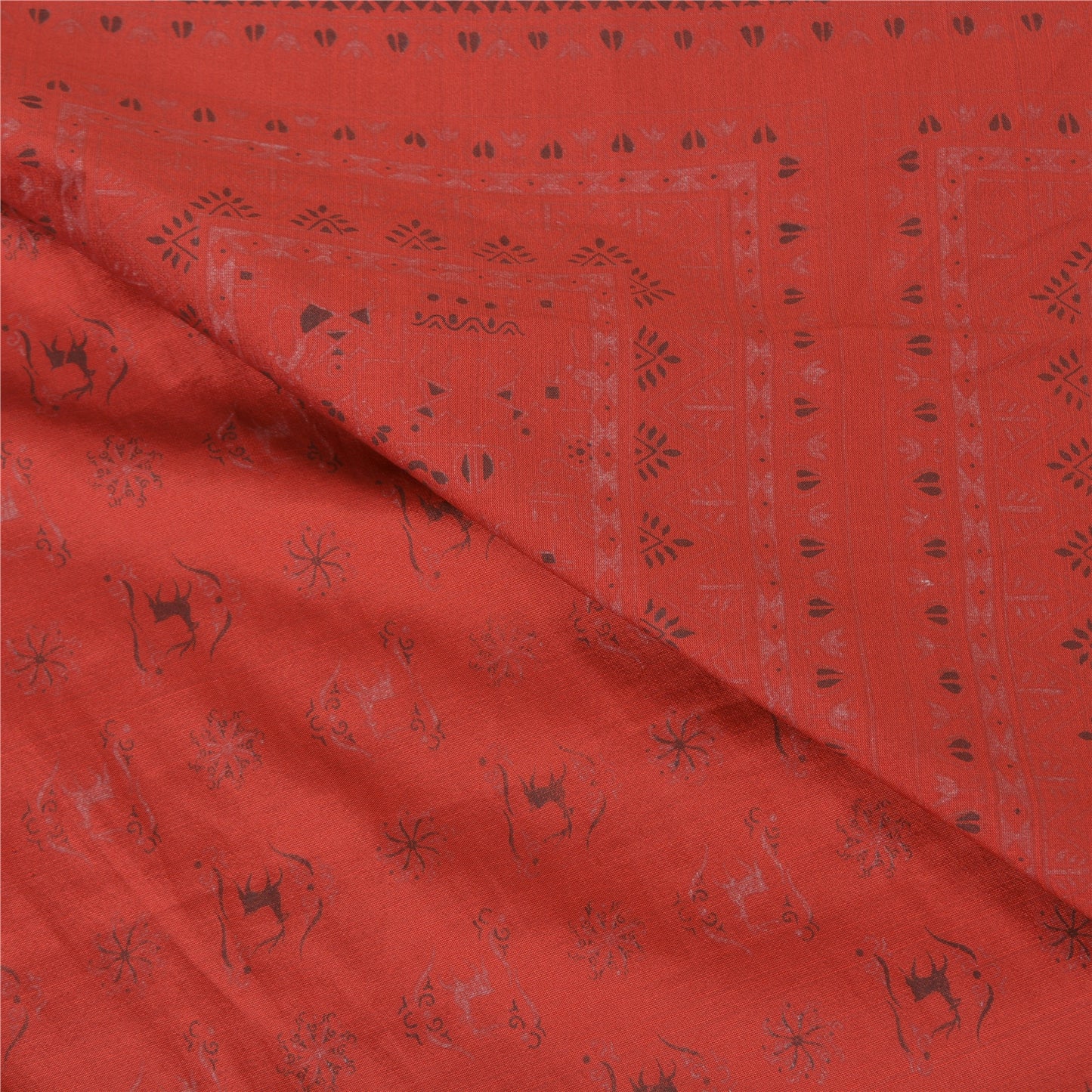Sanskriti Vintage Dark Orange Sarees Art Silk Block Printed Sari Craft Sustainable Fabric