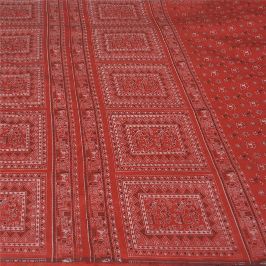Sanskriti Vintage Dark Orange Sarees Art Silk Block Printed Sari Craft Sustainable Fabric