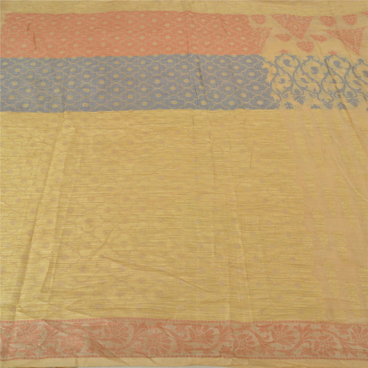 Sanskriti Vintage Cream Indian Sarees 100% Pure Silk Woven Sari Craft Sustainable Fabric