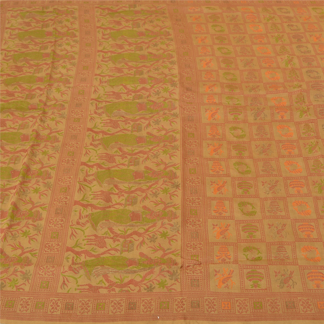 Sanskriti Vintage Beige Sarees 100% Pure Silk Woven Baluchari Human Sari Fabric
