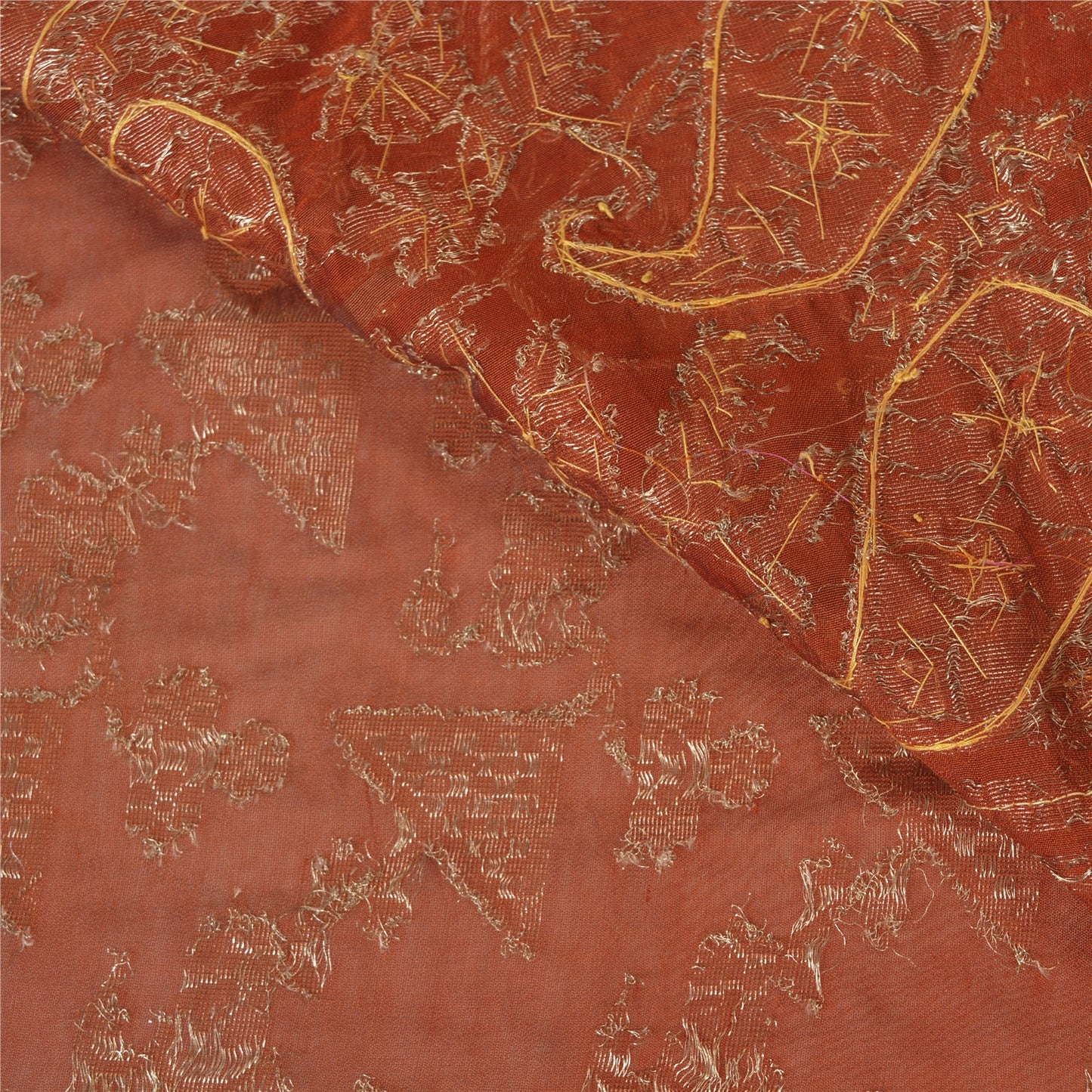 Sanskriti Vintage Rusty Orange Sarees Blend Silk Hand Beaded Woven Sari Sustainable Fabric