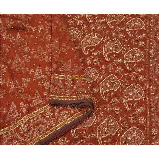 Sanskriti Vintage Rusty Orange Sarees Blend Silk Hand Beaded Woven Sari Sustainable Fabric