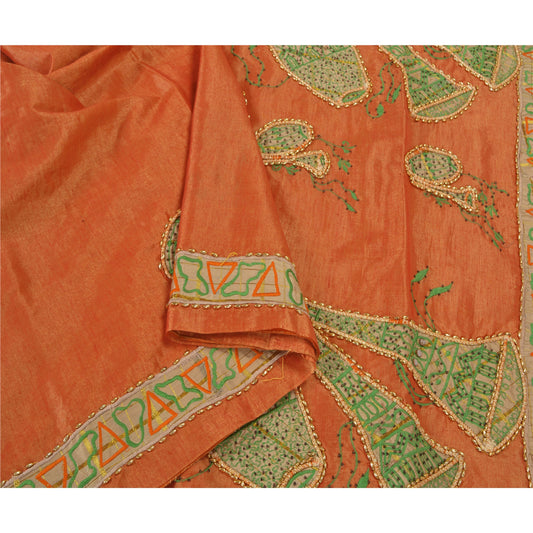 Sanskriti Vintage Orange Sarees Art Silk Hand Beaded Cultural Sari Craft Sustainable Fabric