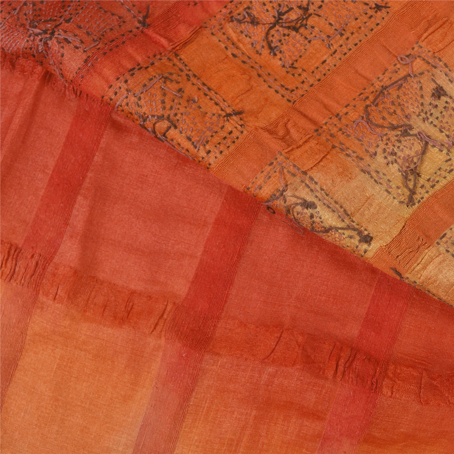 Sanskriti Vintage Orange Sarees Pure Silk Hand Embroidered Kantha Sari Sustainable Fabric