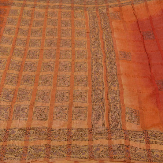 Sanskriti Vintage Orange Sarees Pure Silk Hand Embroidered Kantha Sari Sustainable Fabric