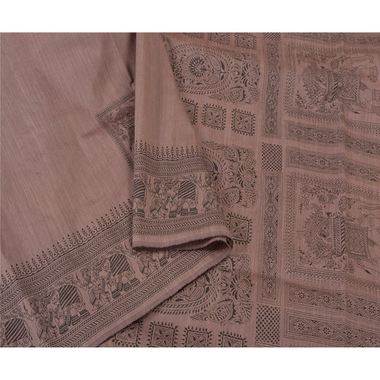 Sanskriti Vintage Rusty Purple Sarees Art Silk Block Printed Animal Sari Sustainable Fabric