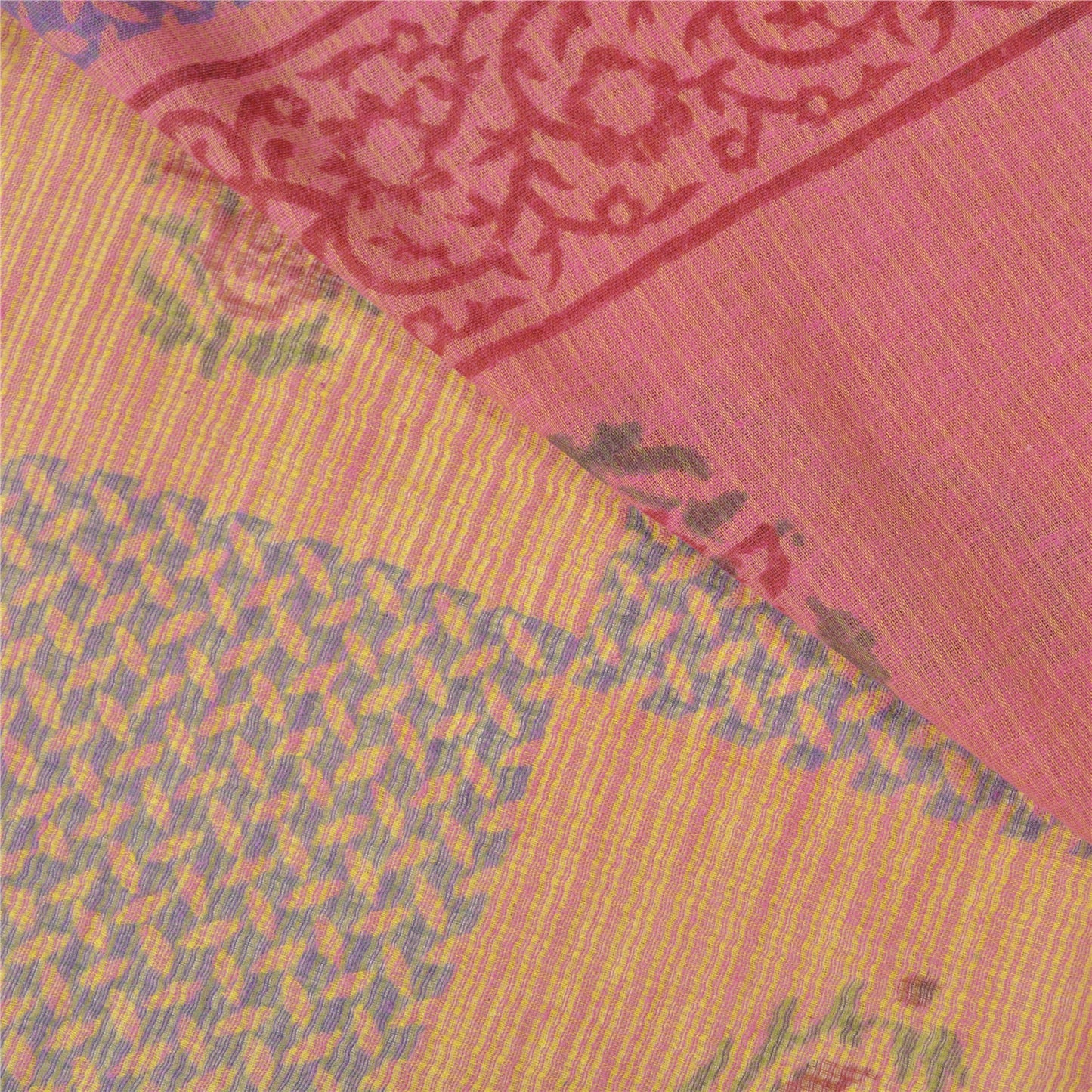 Sanskriti Vintage Pink Indian Sarees Chanderi Block Printed Sari Craft Sustainable Fabric