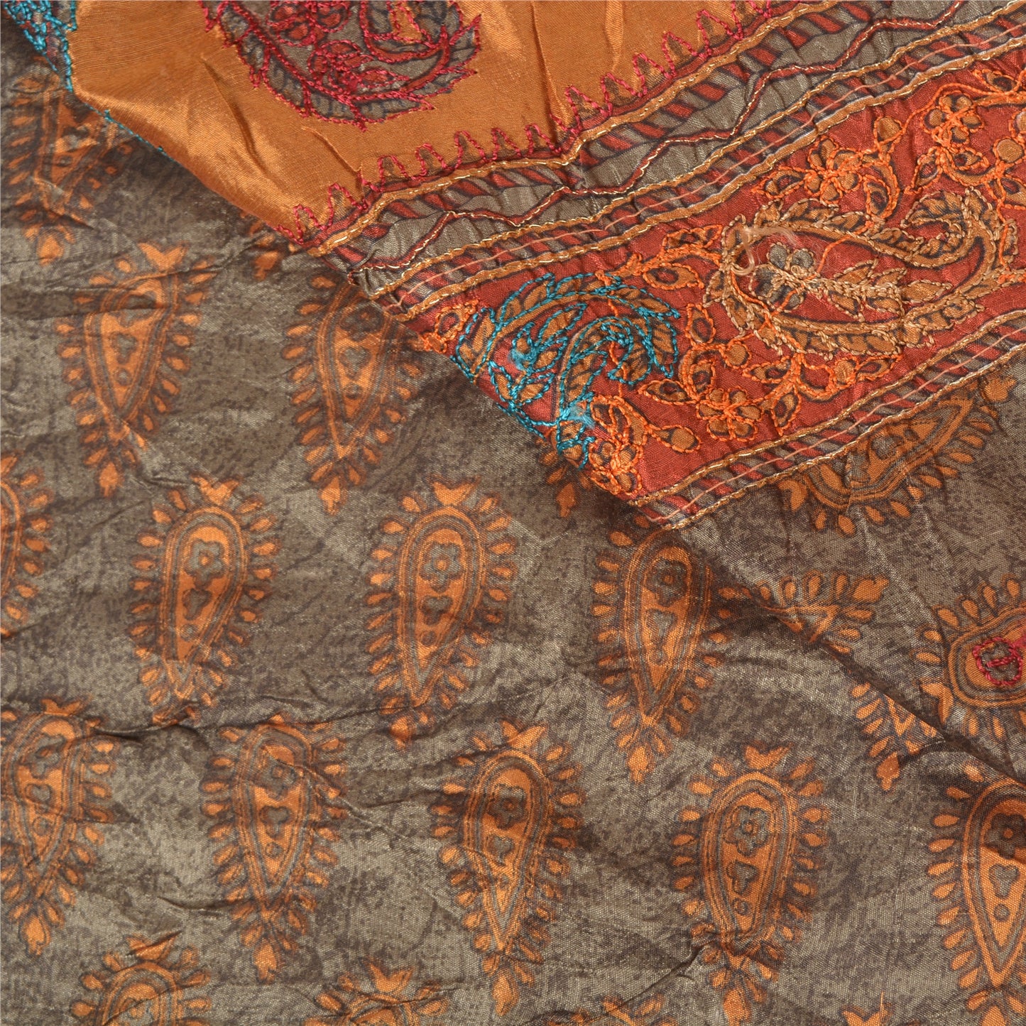 Sanskriti Vintage Grey Indian Sarees Pure Silk Hand Beaded Sari Craft Sustainable Fabric