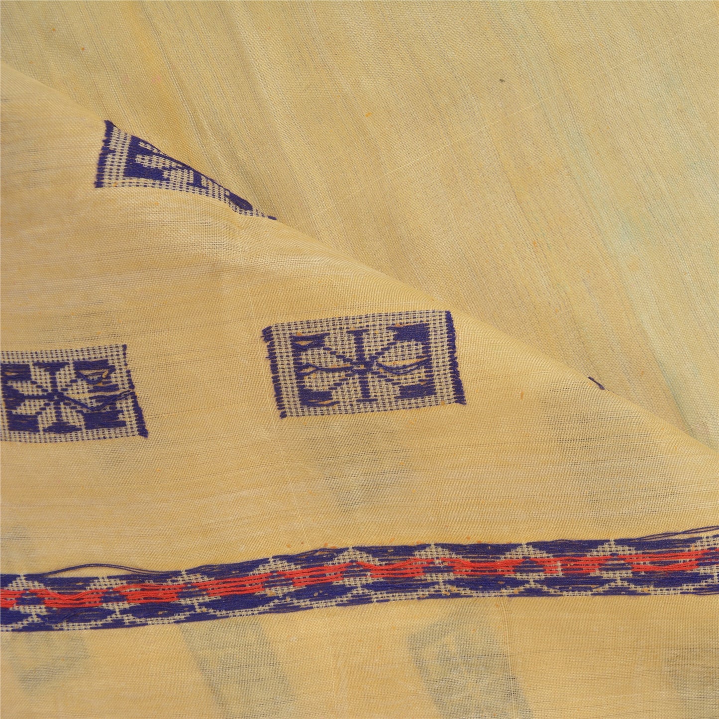 Sanskriti Vintage Cream Indian Sarees Blend Cotton Woven Sari Craft 5 YD Sustainable Fabric