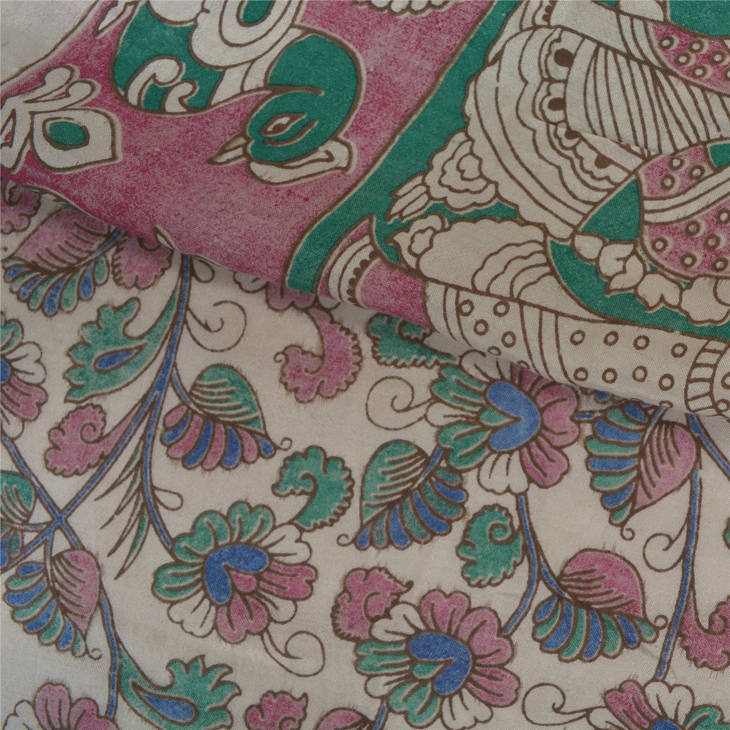 Sanskriti Vintage Ivory Sarees Blend Silk Handmade Kalamkari Peacock Sari Sustainable Fabric