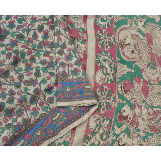 Sanskriti Vintage Ivory Sarees Blend Silk Handmade Kalamkari Peacock Sari Sustainable Fabric